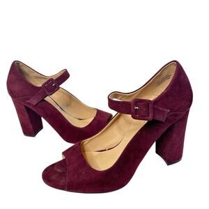 Size 10 Burgundy Red Ankle Strap Peep Toe Mary Jane Block High Heels Shoes Work